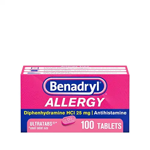 Benadryl Ultratabs Antihistamine Allergy Relief Medicine, Diphenhydramine HCl Tablets for Relief of Cold & Allergy Symptoms Such as Sneezing, Runny Nose, & Itchy Eyes & Throat, 100 ct